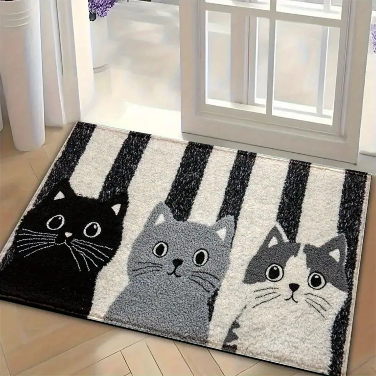 Fußmatte mit drei Katzen in Schwarz, Grau und Weiß auf gestreiftem Grund
