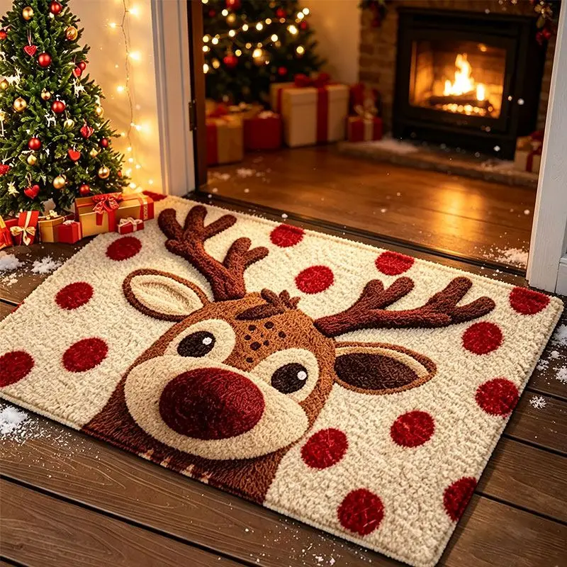 Weihnachts-Fußmatte mit Rentier auf cremefarbenem Grund mit roten Punkten vor einer Tür