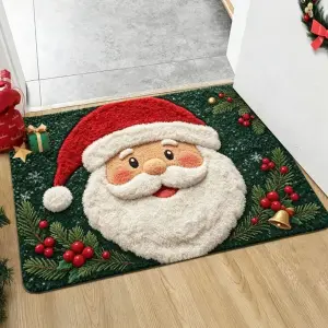 Weihnachtsfußmatte mit Weihnachtsmann-Gesicht, Beeren und Glocke auf grünem Grund vor einer Tür