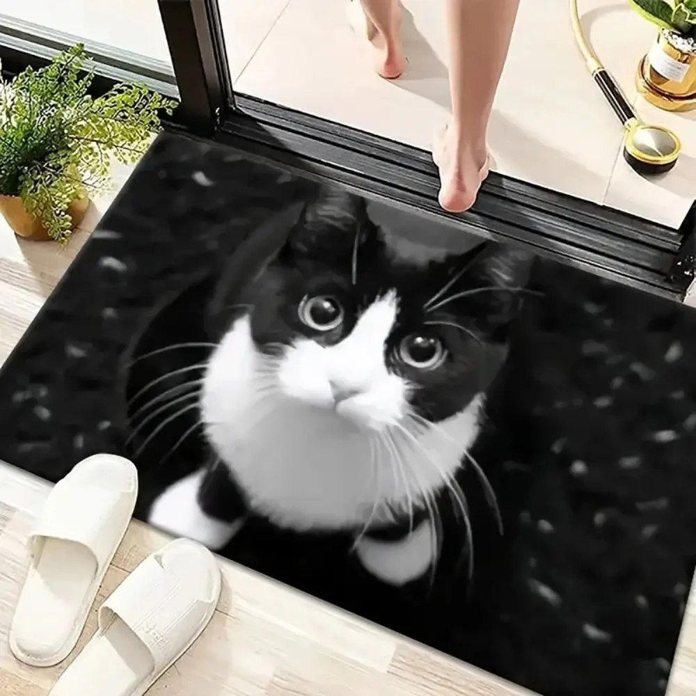 Fußmatte mit schwarz-weißer Katze vor einer Tür