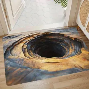 Fußmatte mit gedrucktem Felsloch in 3D-Optik vor einer Holztür im Eingangsbereich