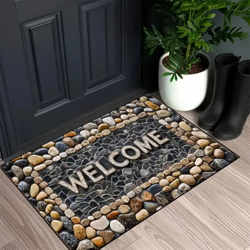 Fußmatte mit Kieselstein-Muster und Schriftzug Welcome vor einer dunklen Haustür