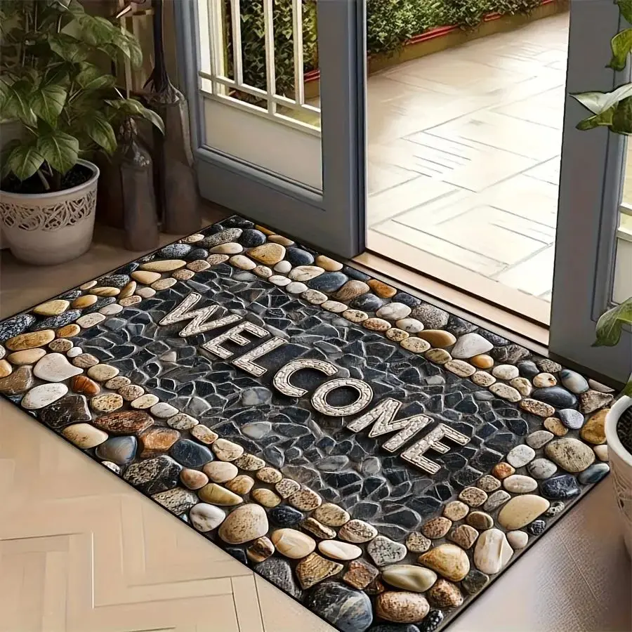 Fußmatte Kieselstein-Optik mit Schriftzug Welcome – Grau