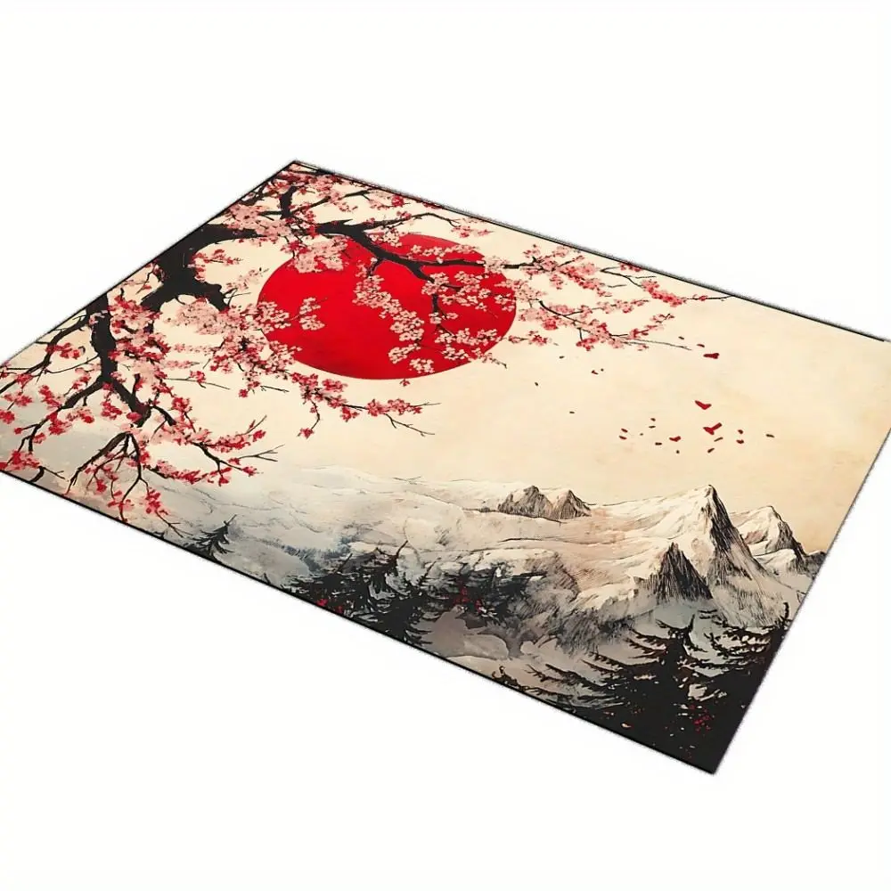 Fußmatte Japanische Landschaft mit Kirschblüten – Creme
