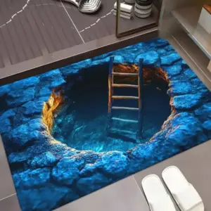 Fußmatte mit 3D-Optik eines Wasserbeckens mit Steinrand – Blau