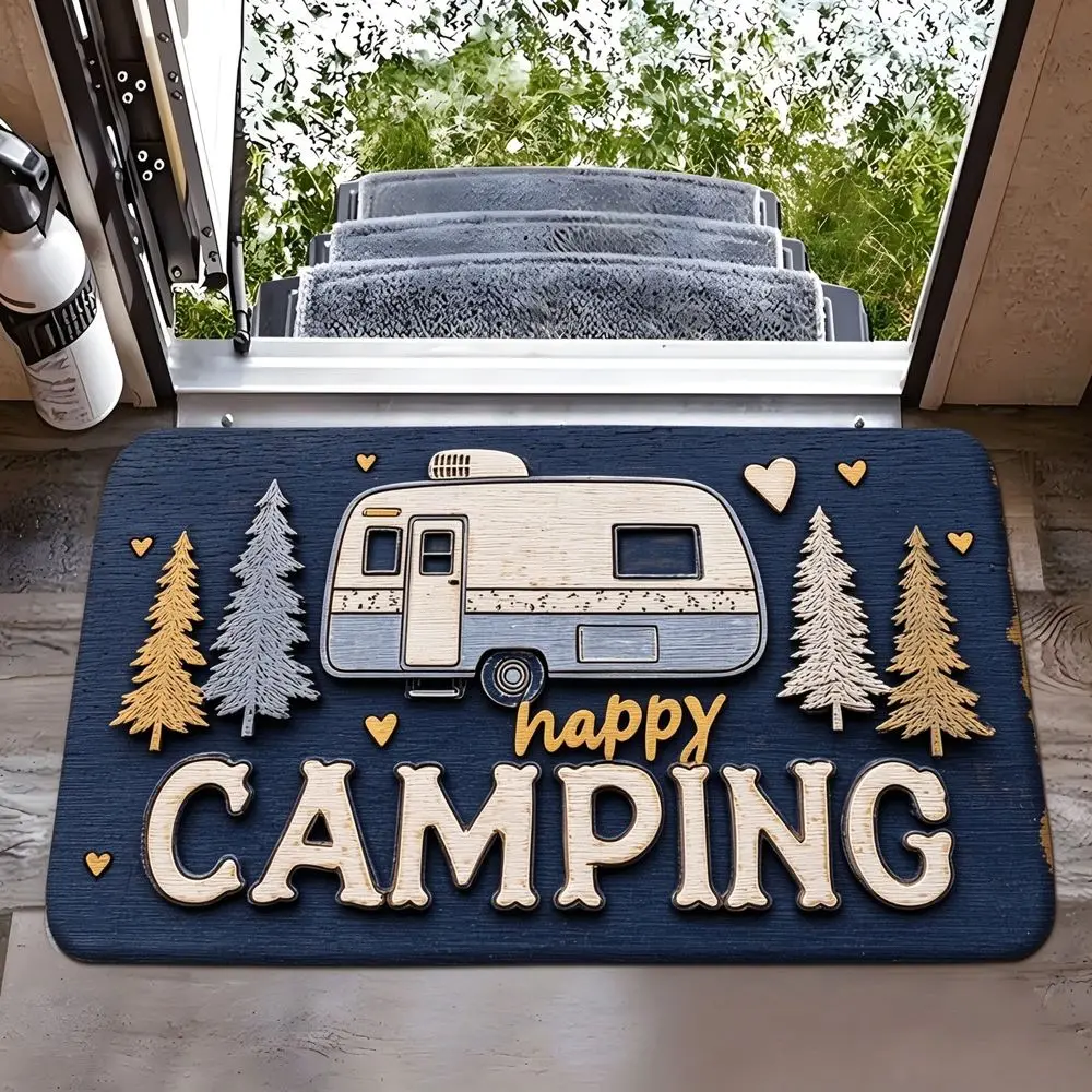 Fußmatte Kieselstein-Optik mit Schriftzug Welcome – Dunkelblau – Camping
